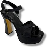 Defne 788-26 Simli Saten Çapraz Bant 30MM Platform Topuk Kadın SANDALET(12CM) - Siyah