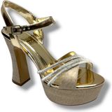 Defne 798-26 Simli Saten Çapraz Taşlı 30MM Platform Topuk Kadın SANDALET(12CM) - Altın