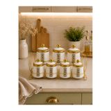 Defne Kitchen Altın Desenli Porselen Baharat Takımı 7'li Set Metal Standlı Kapaklı Saklama Kavanozu