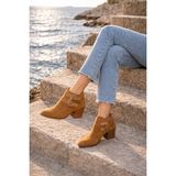 Defne Shoes Ella Kadın Süet Ayakkabı Çift Tokalı Arkadan Fermuarlı Kısa Topuklu Günlük Rahat Kısa Bot - Taba