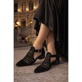 Defne Shoes Silva Kadın Lazer Kesim Bilekten Tokalı Topuklu Süet Ayakkabı Günlük Şık Stil Delikli - Siyah