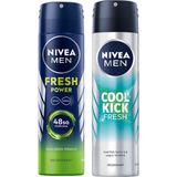 Defne Store Men Erkek Sprey Deodorant Fresh Power 150 Ml, 48 Saat Deodorant Koruması ve Men Erkek Sprey Deodorant Kick Fresh, 150 Ml, Ter ve Ter Kokusuna Karşı 48 Saat Anti-Perspirant Koruma - Option-1