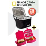 Deftion Premium Kız Çocuk Beslenme Çantası Termal Termos Termoslu Çanta Ve 4 Bölmeli Yemek Kutusu Pembe