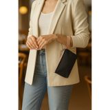 Deftion Siyah İstiridye Mini Portföy Clutch Çanta Bilek Askılı Su Geçirmez Makyaj Ped Kalem Çantası