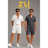Defy Moda Erkek 2li Krep Kumaş Cepli Gömlek Şort Takım Kısa Kollu Bağcıklı - Beyaz - Füme - 3XL - Renkli