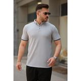 Defy Moda Erkek Düğmeli Yaka Waffle Kumaş Kısa Kollu Tişört - Gri - 2XL