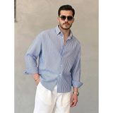 Defy Moda Erkek Ince Çizgili Gofre Kumaş Rahat Kalıp Gömlek - Lacivert