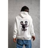 Defy Moda Erkek Kol ve Etek Ribana Baskılı Kapüşonlu Sweat - Beyaz