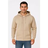 Defy Moda Erkek Üç Iplik Kapüşonlu Tam Fermuarlı Kanguru Çepli Sweatshirt Hoodie - Bej