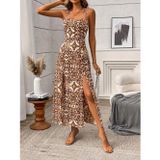 Defy Moda Kadın Ip Askılı Sırttan çapraz Bağlama Detaylı Yırtmaçlı Desenli Midi Süprem Elbise
