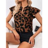 Defy Moda Kadın Kısa Fırfır Kollu V Yakalı Leopar Desenli Süprem Bluz