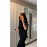 Defy Moda Kadın Kısa Kollu Bisiklet Yakalı Dantel Detaylı Viskon Iki Iplik Bluz