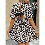 Defy Moda Kadın Kısa Kollu Kruvaze Yakalı Leopar Desenli Mini Süprem Elbise