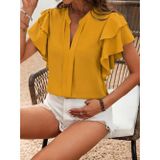 Defy Moda Kadın Kısa Kollu V Hakim Yaka Kolları Fırfırlı Dubai Bluz