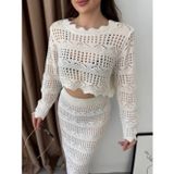 Defy Moda Kadın Uzun Kollu Kuş Gözü Transparan Detay Triko Bluz Ve Maxi Boy Etek Ikili Takım
