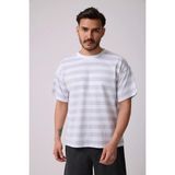 Defy's Erkek Bisiklet Yaka Kısa Kollu Oversize Kalıp Çizgili Tişört - Beyaz - Gri