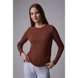 defys Kadın Bisiklet Yaka Uzun Kollu Regular Fit Basic Tişört Koyu Kahve