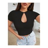 Degaje Bisiklet Yaka Siyah Renk Fitilli Kısa Kollu Slim Fit Crop Top Bluz