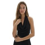 Degaje Yaka Boyundan Bağlamalı Crop Bluz Siyah