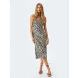 Degaje Yaka Saten Leopar İp Askılı Midi Slip Elbise