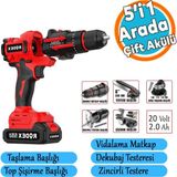 Değiştirilebilir Başlıklı Akülü 5'Li Set 20 V 2.0 Ah Taşlama Matkap Dekubaj Testere Pala Top Şişirme
