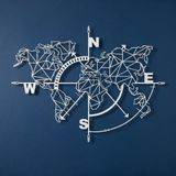 DEKADRON N Metal Dünya Haritası Duvar Sanatı, Geometrik Pusula Dekoru, Ev Oturma Odası Ofis Dekorasyonu, Beyaz (47" G x 36" Y / 117x91 cm)