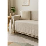 Deko Dekor Buldan %100 Pamuklu Püsküllü Açık Bej Koltuk Örtüsü Ham Keten Kanepe Örtüsü 170x220