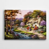 Dekolata Ağaç Çiçekler Dere ve Ev Kartpostal Kanvas Tablo 20 x 30 CM