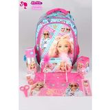 DEKOMUS İLE LİSANSLI PEMBE MAVİ PRENSES KOLEKSİYONU BARBIE 3 BÖLMELİ OKUL ÇANTASI VE KIRTASİYE SETİ