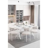 Dekoport Luna 6 Kişilik 80*140 Masa Takımı Teddy Kumaş Sandalye Mutfak Masa Takımı Yemek Masası Takımı - Beyaz - 80 x 140