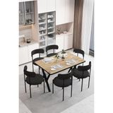 Dekoport Luna 6 Kişilik 80*140 Masa Takımı Teddy Kumaş Sandalye Mutfak Masa Takımı Yemek Masası Takımı - Çam - Siyah - 80 x 140