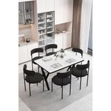 Dekoport Luna 6 Kişilik 80*140 Masa Takımı Teddy Kumaş Sandalye Mutfak Masa Takımı Yemek Masası Takımı - Siyah - Beyaz - 80 x 140