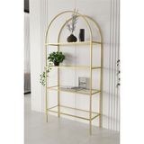 Dekoport Metal Gövdeli Kitaplık Temperli Şeffaf Cam Raflı Altın Renk Modern Tasarım 172x80x30 cm
