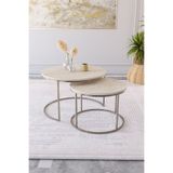 Dekoport Milas Orta Sehpa 75-60cm Pirinç Eskitme Renk Metal - Traverten Desen Tabla