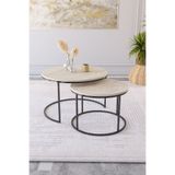 Dekoport Milas Orta Sehpa 75-60cm Siyah Metal - Traverten Desen Tabla