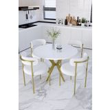 Dekoport Mina Masa Sandalye Takım 90 Cm Masa Gold(ESKİTME) 4 Sandalye Teddy Sandalye Bukle - Teddy Kumaş