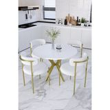 Dekoport Mina Masa Sandalye Takım 90 cm Masa Mat Gold 4 Sandalye Teddy Sandalye Bukle - Teddy Kumaş - 90 x 90