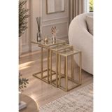 Dekoport Mira 3lü Zigon Sehpa, Yan Sehpa, C Sehpa, Koltuk Altına Girebilen, Mat Gold (GOLD ESKİTME) Metal- Temperli Şeffaf Cam