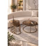 Dekoport Royal 75cm Orta Ve Zigon Sehpa Seti Pirinç Eskitme Renk Metal - Temperli Bronz Cam