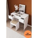 dekor fim DF02101B Anka Çekmeceli Puflu Aynalı Makyaj Masası Beyaz Yatak Odası Organizer Oturaklı