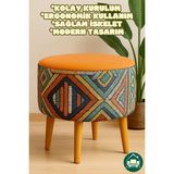 DEKOR MOBİLYACIM Albatros Retro Gürgen Ahşap Ayaklı Dekoratif Etnik Üst Turuncu Desenli Silindir Puf Bench Koltuk