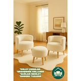Dekor Mobilyacım Elegant Comfort Çay Seti ve Peluş Ikili Berjer & Puf Takımı - 3'lü Set - Krem