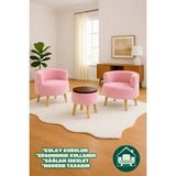 Dekor Mobilyacım Helkard Comfort Çay Seti ve Peluş Ikili Berjer & Üstü Tablalı Puf Takımı - 3'lü Set - Pembe - Kahverengi