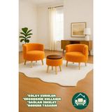 Dekor Mobilyacım Helkard Comfort Çay Seti ve Peluş Ikili Berjer & Üstü Tablalı Puf Takımı - 3'lü Set - Turuncu - Kahverengi