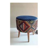 Dekor Mobilyacım Retro Gürgen Ahşap Ayaklı Dekoratif Etnik Üst Lacivert Desenli Silindir Puf Bench
