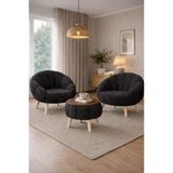 Dekor Mobilyacım World 2 Koltuk Çay Seti & Tablalı Puf Hediyeli 3'lü Berjer Takımı Koltuk Seti Yaprak Model Set - Siyah - Ahşap