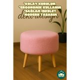 DEKOR MOBİLYACIM Yuvarlak Balkon Mutfak Salon Ayak Uzatma Pufu Gürgen Ayaklı Özel Tasarım Pembe Puf Koltuk