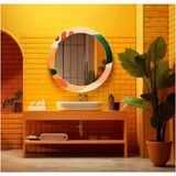 Dekorarif Desenli Yuvarlak Banyo-Salon Duvar Aynası 104 - Renkli - 60 x 60