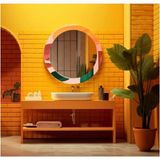 Dekorarif Desenli Yuvarlak Banyo-Salon Duvar Aynası 107 - Renkli - 60 x 60