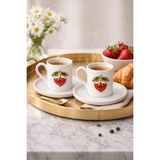 Dekorasyaa 2'li Seramik Kahve Fincan Takımı - 90 ml - Çilek Desenli - Beyaz
